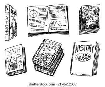 School books set. Collection of literature, textbooks for education. Retro style outline clip arts. Hand drawn vector illustration isolated on white background.