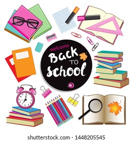 School books set and inscription Back to school on white background