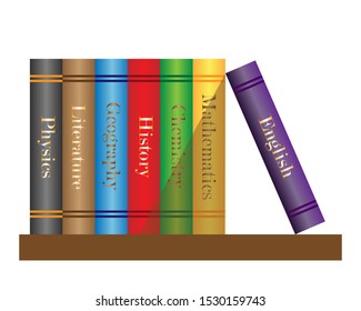 School books stand on a shelf. Vector illustration on a white background.