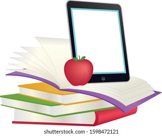 School books with tablet computer and apple