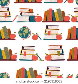 Caricatura vectorial de libros escolares fondo de patrón sin fisuras para papel pintado, envoltura, embalaje y fondo.