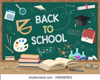 School books Wooden table on green chalkboard with white background isolated chalk with gradient mesh.