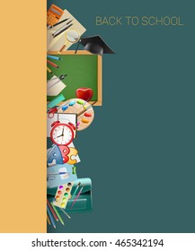 school border background with chalkboard, graduation cap, supplies, education workplace accessories. vector illustration