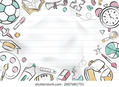 School border clipart template design. Back to school frame with educational colorful drawing elements clip art in paper empty space background vector illustration.

