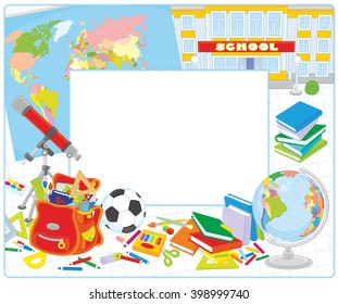 School border frame with a globe, a schoolbag and other educational items