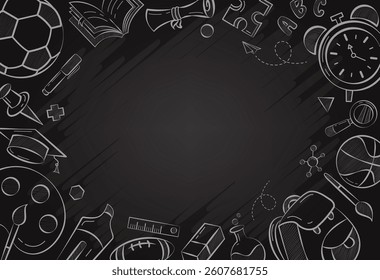 School border outline clipart template design. Back to school frame in black empty space background with educational drawing elements clip art vector illustration.
