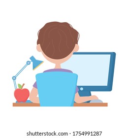 School boy with apple desk lamp and computer design, Eduaction class lesson knowledge preschooler study learning classroom and primary theme Vector illustration