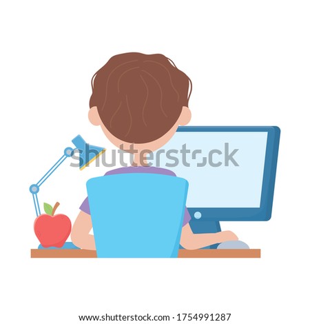 School boy with apple desk lamp and computer design, Eduaction class lesson knowledge preschooler study learning classroom and primary theme Vector illustration
