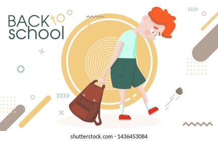 School. Boy. Back to school. Red-haired boy bully does not want to go to school, flat vector graphics