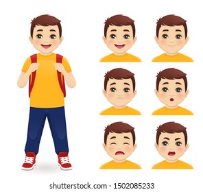 School boy with backpack emotions set isolated vector illustration