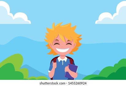 school boy with backpack outdoors