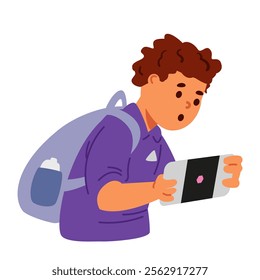 School boy with backpack playing smartphone flat vector illustration isolated on white.