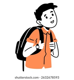 School boy with backpack vector line minimalistic illustration isolated on white.
