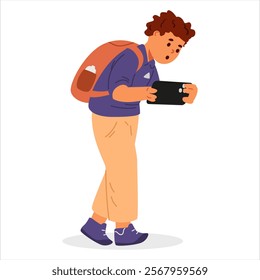 School boy with backpack walking playing smartphone flat vector illustration isolated on white.