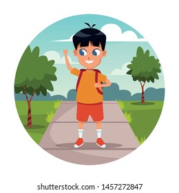 School boy with backpack walking at street cartoon round frame vector illustration graphic design