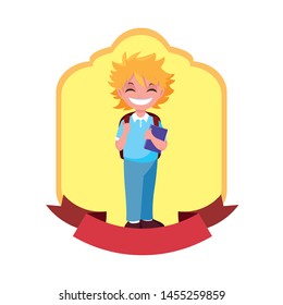 school boy with bag badge design