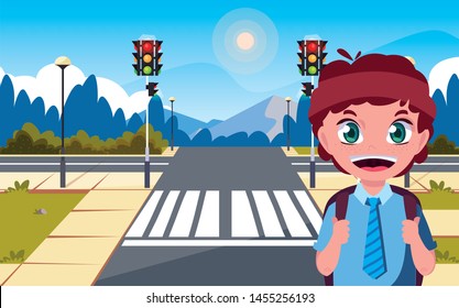 school boy with bag in the city street
