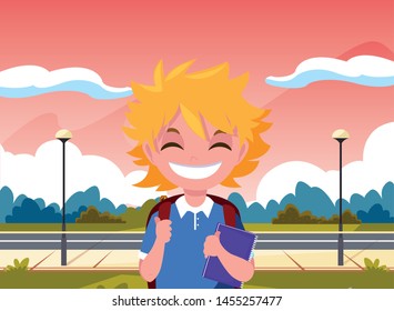 school boy with bag in the park
