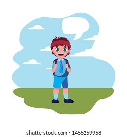 school boy with bag talk bubble