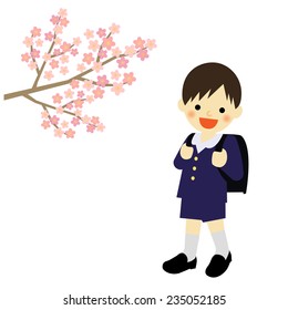 School boy with blooming cherry blossoms / Vector EPS 10 illustration