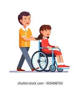 School boy caring about his friend girl who is temporarily disabled and recovering. Kid pushes wheelchair with person. Handicapped person socialization and help. Flat cartoon vector illustration.