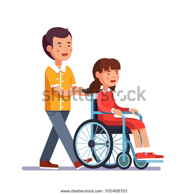 一時的に障害を負い 回復する友人の女の子を気に掛ける少年の少年 子供は人と車いすを押す 障害者の社会化と助け 平らなカートーンのベクターイラスト のベクター画像素材 ロイヤリティフリー