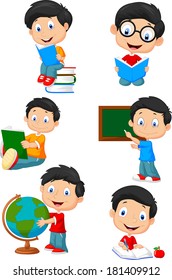 School boy cartoon character collection set