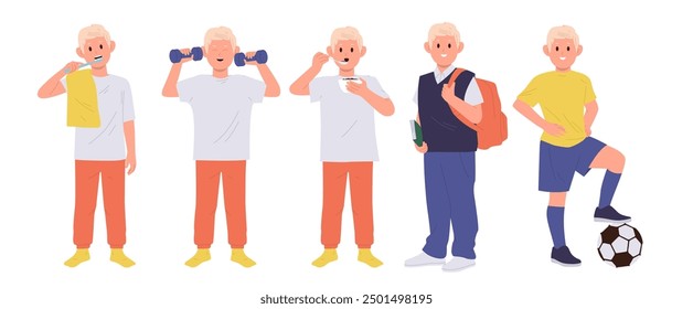 School boy cartoon character daily routine with hygiene, physical, education and hobby activity