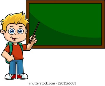 School Boy Cartoon Character Pointing To Green Chalk Board. Vector Hand Drawn Illustration Isolated On Transparent Background