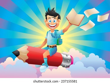 School boy cartoon character riding pencil with book in the clouds