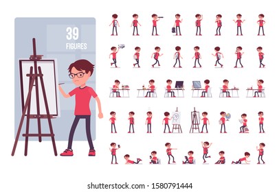 School Boy In A Casual Wear Character Set. Cute Small Guy In Glasses With A Rucksack, Active Young Kid, Smart Elementary Pupil, 7 To 9 Years Old. Full Length, Different View, Gestures, Emotions, Poses