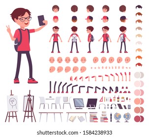 School boy in a casual wear construction set. Cute small guy, active young kid, smart elementary pupil, 7, 9 year old creation elements to build own design. Vector illustration