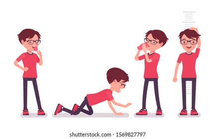 School boy in casual wear enjoying fun. Cute small guy in glasses after lessons, active young kid, smart elementary pupil aged between 7 and 9 years old. Vector flat style cartoon illustration