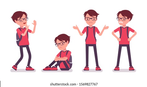 School boy in casual wear in negative emotions. Cute small guy in glasses with rucksack, active young kid, smart elementary pupil aged between 7 and 9 years old. Vector flat style cartoon illustration