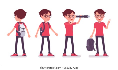 School boy in casual wear standing. Cute small guy in glasses with a rucksack, active young kid, smart elementary pupil aged between 7 and 9 years old. Vector flat style cartoon illustration