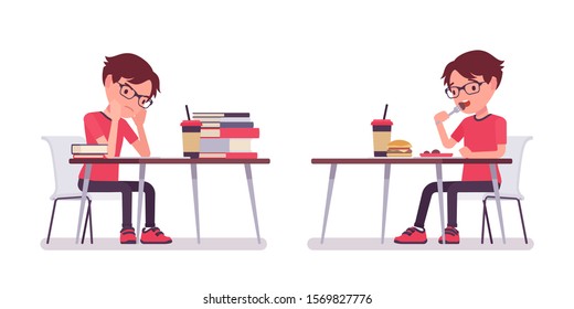 School boy in casual wear studying and eating at the desk Cute small guy in glasses, active young kid, smart elementary pupil aged between 7 and 9 years old. Vector flat style cartoon illustration