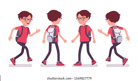 School boy in casual wear walking and running. Cute small guy in glasses with rucksack, active young kid, smart elementary pupil aged between 7 and 9 years old. Vector flat style cartoon illustration