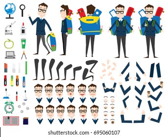 School Boy Character Animation Set. Front, Back, Side View. Different Emotions. Vector Illustration. School Supplies. Isolated on White Background.
