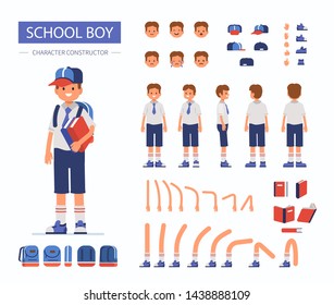 
School boy character constructor for animation. Front, side and back view. Flat  cartoon style vector illustration isolated on white background.  

