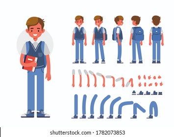 School Boy Character Constructor for Animation.  Front, Side and Back View. Cute Kid in School Uniform and Different Postures. Body Parts Collection. Flat Cartoon Vector Illustration.