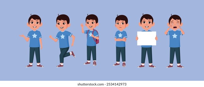 School boy character constructor for animation. Front, side and back view. Body parts and postures collection. Vector illustration.