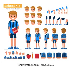 School boy character constructor for animation. Flat style vector illustration isolated on white background.  