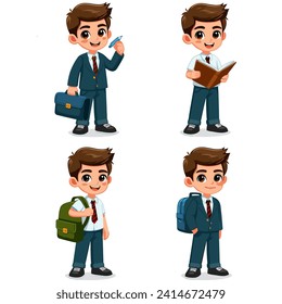 School boy character creation, kit vector set. Back to school pre-school student editable character in different facial expressions and hand gestures for education design elements