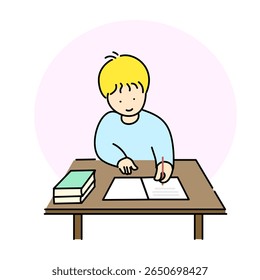 School boy character learning concept at desk, writing and doing homework. Vector illustration design.