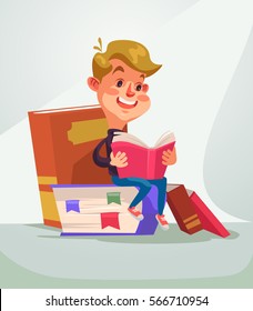 School boy character reading book. Vector flat cartoon illustration