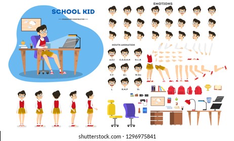 School boy character set for the animation with various views, hairstyle, emotion, pose and gesture. Child and different facial expression. Isolated vector illustration in cartoon style