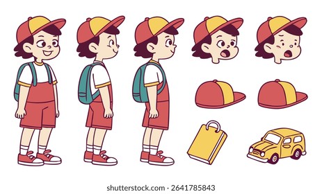 School boy character sheet with uniform, backpack, and expressions
