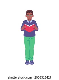 School boy character vector illustration. Knowledge and education concept. Flat style design. Boy reading book colorful graphics