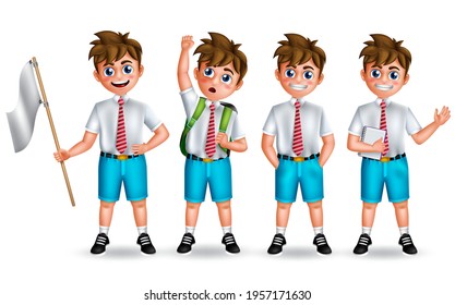 School boy character vector set. Student male 3d characters friendly standing with notebook and flag elements for back to school educational collection design. Vector illustration 