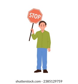 School boy child cartoon character holding stop prohibition road traffic sign isolated on white